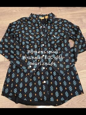 Wrangler Black Aztec Pearl-Snap Shirt with Teal and Gold Motif